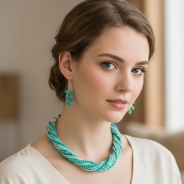 2er Set - gr&uuml;n Kristall, Wei&szlig;er Kristall Halskette und Ohrringe image number 2