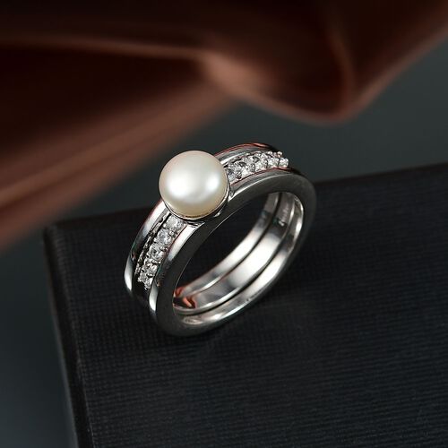 Süßwasser Perle, Weißer Zirkon Ring Messing (Größe 20.00) image number 1