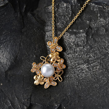 EVER TRUE S&uuml;&szlig;wasser Perle (8.5-9 mm), Wei&szlig;er Zirkon Anh&auml;nger mit Kette, ca. 50 cm