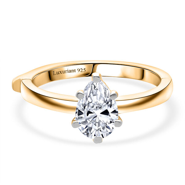 LUXURIANT SGL zertifizierter SI-GH Labor Tropfen-Diamant Ring, 925 Silber 750 Gelbgold Vermeil - 1 ct.