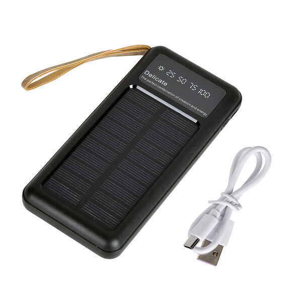 10.000mAh Solar Powerbank, multifunktional mit integrierten Kabeln und LED-Digitalanzeige, schwarz