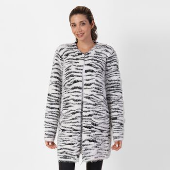 Langer Cardigan mit Taschen und Knopf, gestrickt, Einheitsgr&ouml;&szlig;e Zebra Muster, Beige