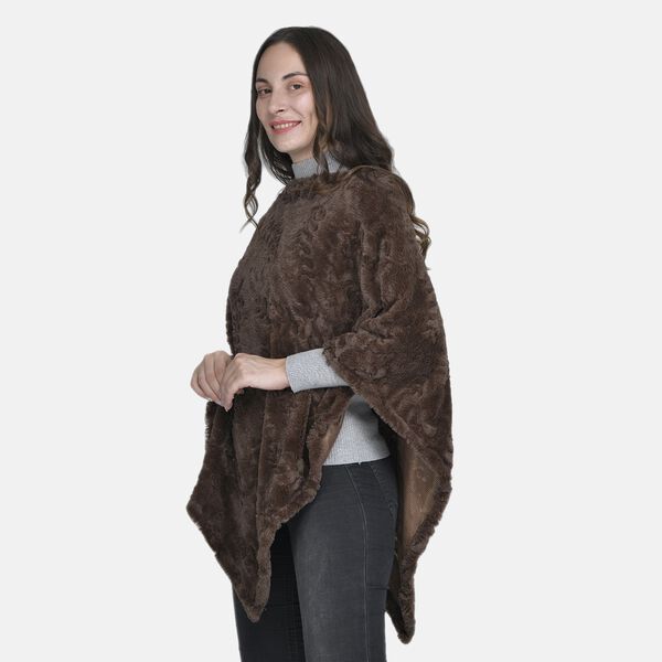 Weicher Kunstfell Poncho mit 3D Bl&auml;tter Motiv, 85x100 cm, Braun image number 2