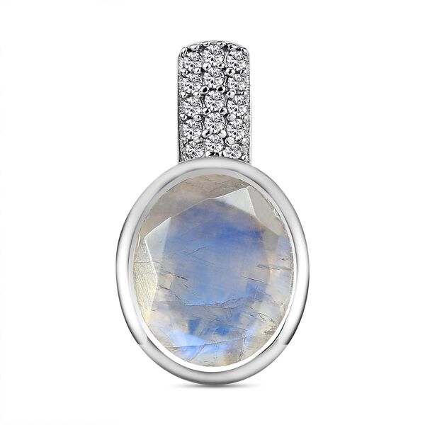 Premium Regenbogen Mondstein und wei&szlig;er Zirkon-Anh&auml;nger, 925 Silber platiniert ca. 4.56 ct
