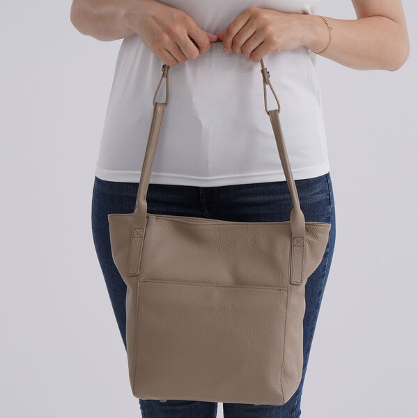 Echtleder-Tote-Bag mit Magnetverschluss-Au&szlig;entasche und ger&auml;umigem Innenfach, 34x14x29 cm, Beige image number 2