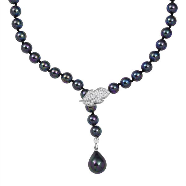 Pfaufarbene 8mm Muschelkernperle und wei&szlig;e Zirkonia 60cm Halskette