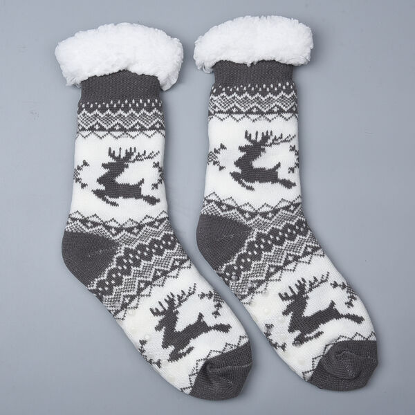 1 Paar rutschfeste Haus Socken mit Jojoba Infusion und Sherpa Futter, Einheitsgr&ouml;&szlig;e 24x23x12 cm, Grau und Wei&szlig;