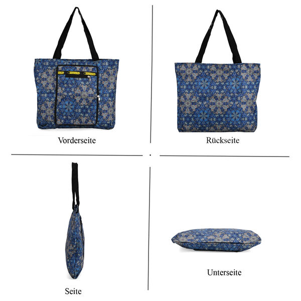 Faltbare Einkaufstasche aus wasserabweisendem Polyester, Blumenmuster, 40x43 cm, Tragegriffe 22 cm, Blau image number 3
