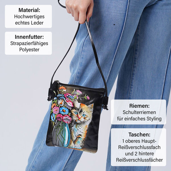 VIVID by SUKRITI Handbemalte Umhängetasche aus echtem Leder, Schwarz, 15,75x19,80cm, Zwei Katzen image number 3