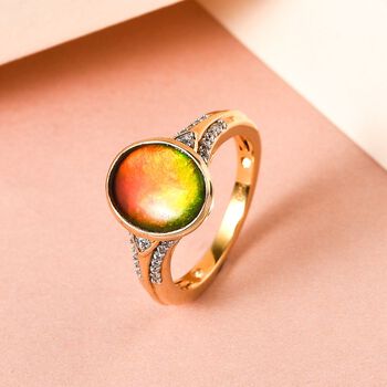 Kanadischer Ammolit und wei&szlig;er Zirkon-Ring, 925 Silber Gelbgold Vermeil (Gr&ouml;&szlig;e 20.00) ca. 2.92 ct