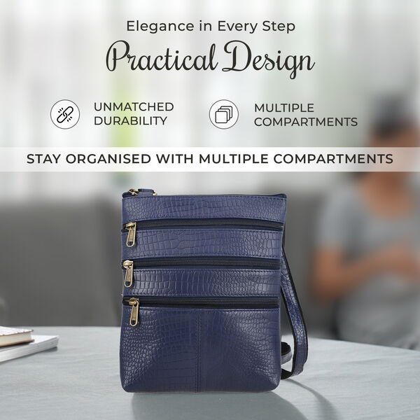 Echtleder Crossbody Tasche mit Kroko Prägung, Multi-Fächer, 20 x 24 cm, Marineblau image number 4