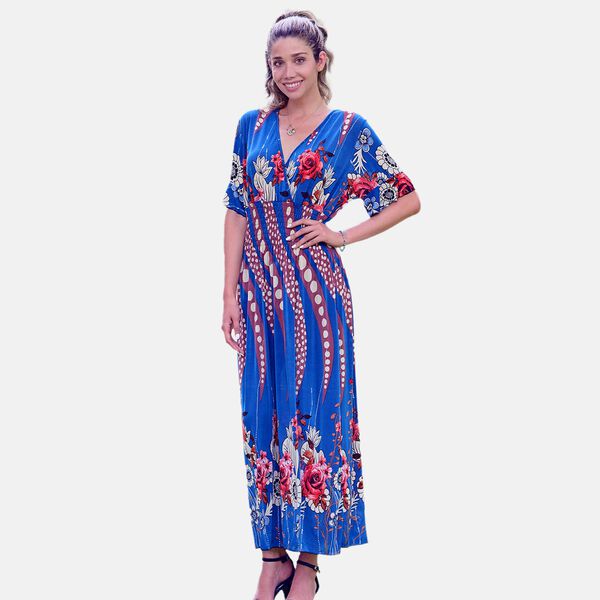 Gesmoktes Maxi-Kleid, Blumenmuster, Blau image number 2