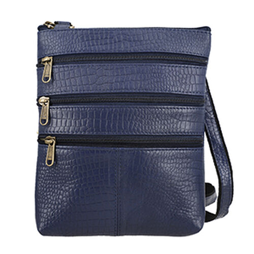 Echtleder Crossbody Tasche mit Kroko Prägung, Multi-Fächer, 20 x 24 cm, Marineblau image number 0
