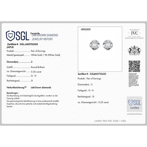 LUXURIANT DIAMOND- SGL zertifizierte SI-GH Labor Diamant Ohrringe in 375 Weißgold - 0,28 ct. image number 5