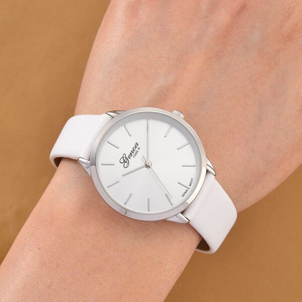 GENOA TIME V2 - Quarzuhr mit japanischem PC21S Werk, weißem Zifferblatt und weißem Lederarmband, Edelstahl Gehäuse, 3 ATM wasserdicht image number 1