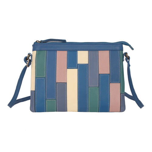 100% echte Leder Patchwork Umhängetasche, Blau image number 0