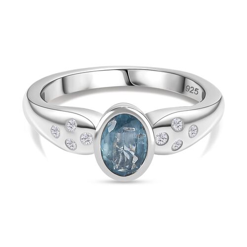 TUCSON FIND - Natürlicher AA Aqua Kyanit, Weißer Zirkon Ring 925 Silber rhodiniert (Größe 21.00) ca. 1.13 ct image number 0