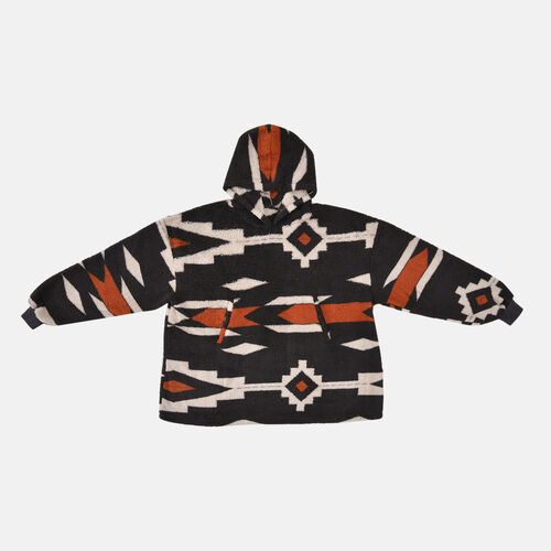 Wolkenweicher Sherpa-Hoodie mit Inkamuster, Schwarz-Beige-Orange, Einheitsgröße image number 0