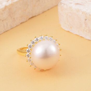 Wei&szlig;e Edison Perle (13-14 mm), Moissanit Ring, 925 Silber Gelbgold Vermeil, (Gr&ouml;&szlig;e 16.00)