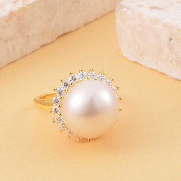 Weiße Edison Perle (13-14 mm), Moissanit Ring, 925 Silber Gelbgold Vermeil, (Größe 16.00) image number 2