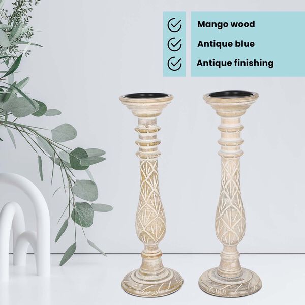 Set aus 2 antiken geschnitzten Holzkerzenhaltern mit rundem Ständer, 38cm, Altweiß image number 3