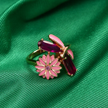 GP - Leuchtend Orchidee Quarz Triplette, Lotus Granat Ring 925 Silber 750 Ros&eacute;gold Vermeil (Gr&ouml;&szlig;e 17.00) ca. 2,44 ct