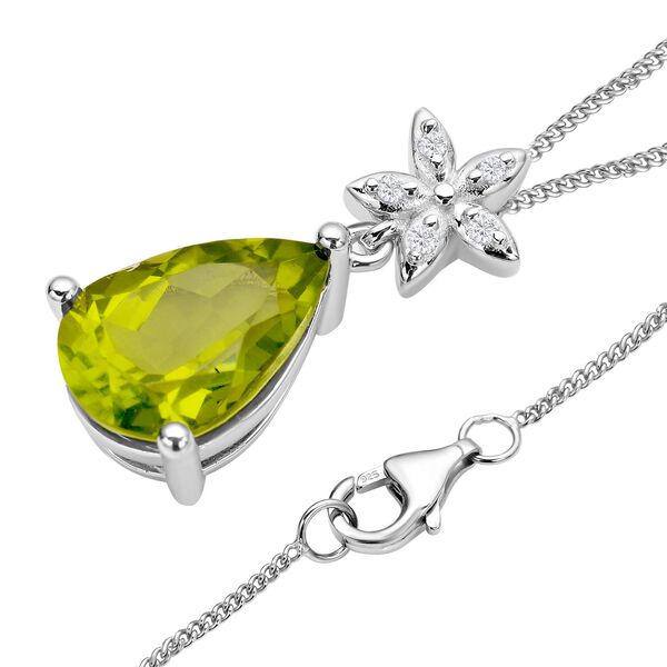 Natürlicher Peridot und floraler Zirkon-Anhänger mit Kette, 925 Silber rhodiniert, 3,77 ct. image number 4