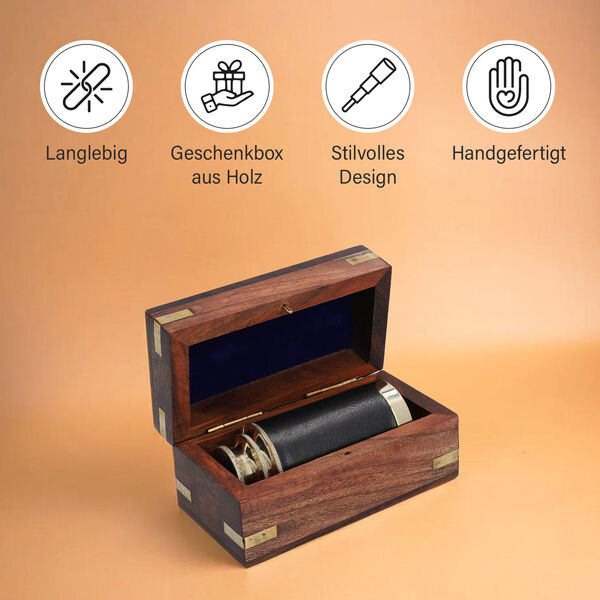 Handgefertigtes, voll funktionsf&auml;higes Teleskop mit Ledergriff und h&ouml;lzerner Geschenkbox, Gold image number 7