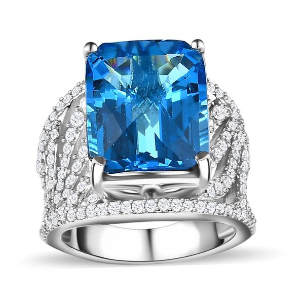 Elektrischer Blau Topas, wei&szlig;er Zirkon Ring, 925 Silber platiniert, (Gr&ouml;&szlig;e 19.00), ca. 17.16 ct image number 4