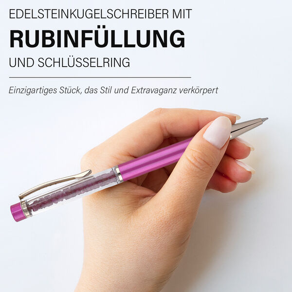 Premium Kollektion - Echter Rubin Kugelschreiber mit extra Mine und Schlüsselanhänger image number 2