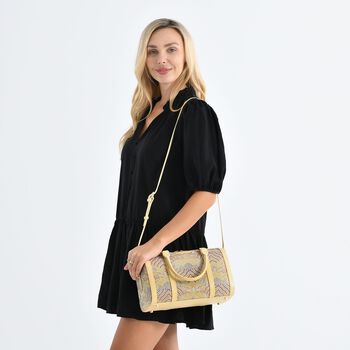 LA MAREY Brokat Crossbody Tasche aus Seide und Echtleder, 30x18x15cm, Beige