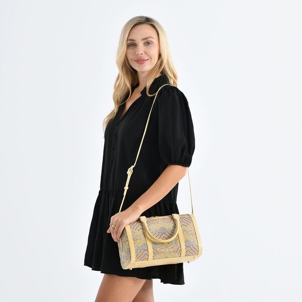 LA MAREY Brokat Crossbody Tasche aus Seide und Echtleder, 30x18x15cm, Beige image number 2