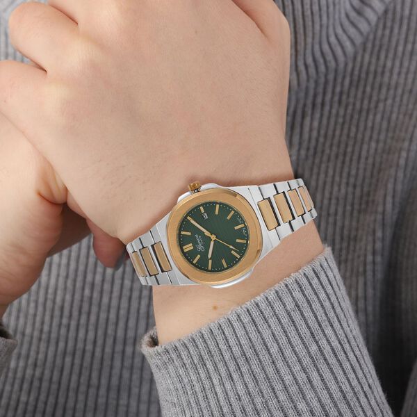 Genoa Time V2 - PC32 Japanisches Uhrwerk, Datumsanzeige, Gehäuse mit PNP-Stahl- und Goldplattierung, grünes Zifferblatt mit hydraulischem Design, Edelstahlarmband, bicolor image number 2