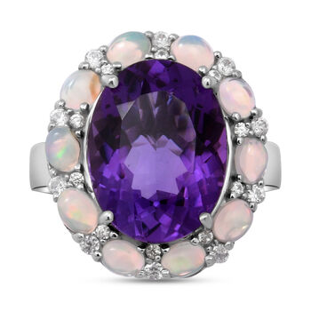 Lusaka Amethyst und nat&uuml;rlicher, &auml;thiopischer Opal-Ring, 925 Silber platiniert  ca. 9,37 ct