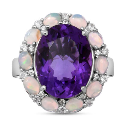 Lusaka Amethyst und nat&uuml;rlicher, &auml;thiopischer Opal-Ring, 925 Silber platiniert (Gr&ouml;&szlig;e 21.00) ca. 9,37 ct
