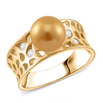 Goldene Muschelkernperle, Moissanit Ring 925 Silber 750 Gelbgold Vermeil (Gr&ouml;&szlig;e 16.00)