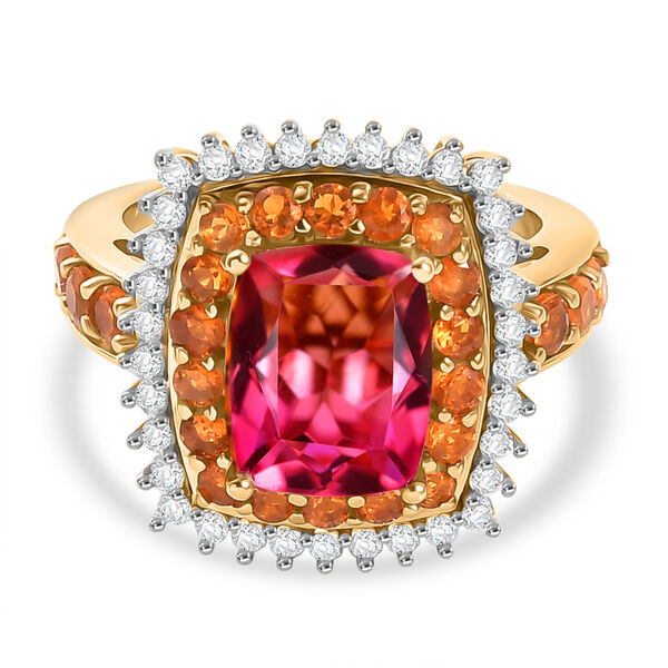 D'Joy Sunset Quarz Triplette, Salamanca Feueropal Ring 925 Silber 750 Gelbgold Vermeil (Gr&ouml;&szlig;e 17.00) ca. 4,66 ct