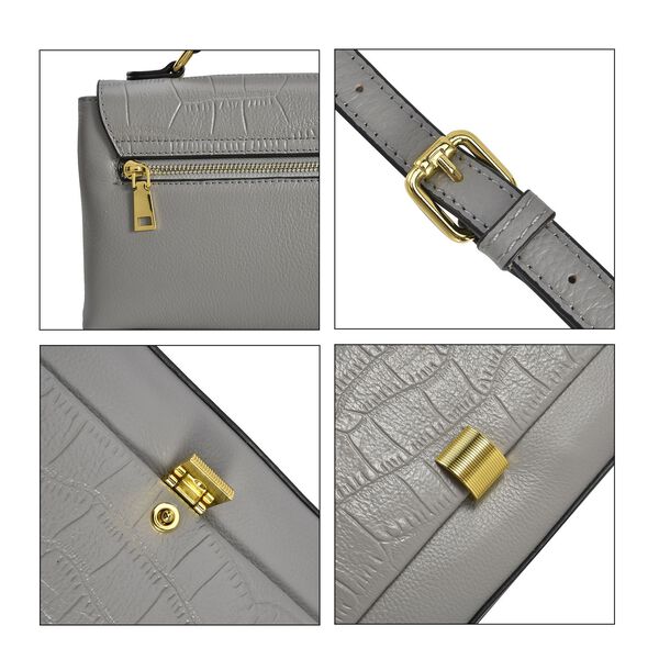 Cabrio Handtasche mit Krokopr&auml;gung aus echtem Leder, 25x8x15 cm, Grau image number 4