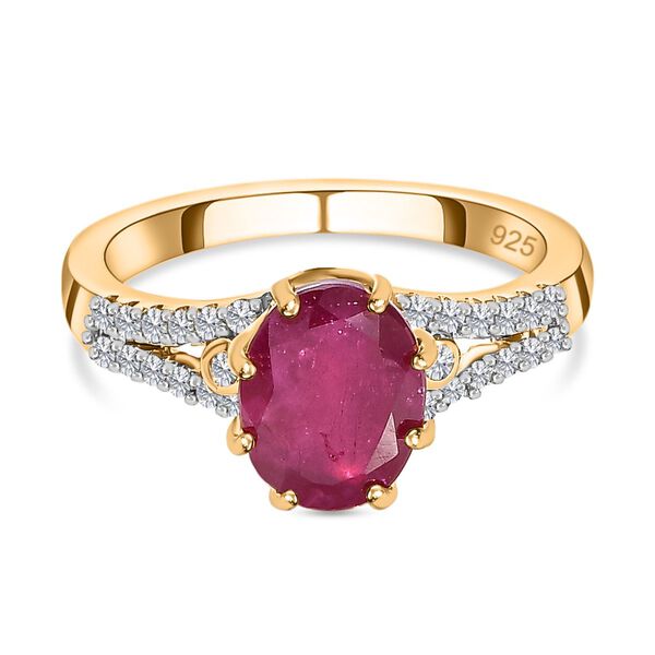 Afrikanischer Rubin (Fissure gef&uuml;llt), Wei&szlig;er Zirkon Ring, 925 Silber Gelbgold Vermeil (Gr&ouml;&szlig;e 21.00) ca. 3.01 ct