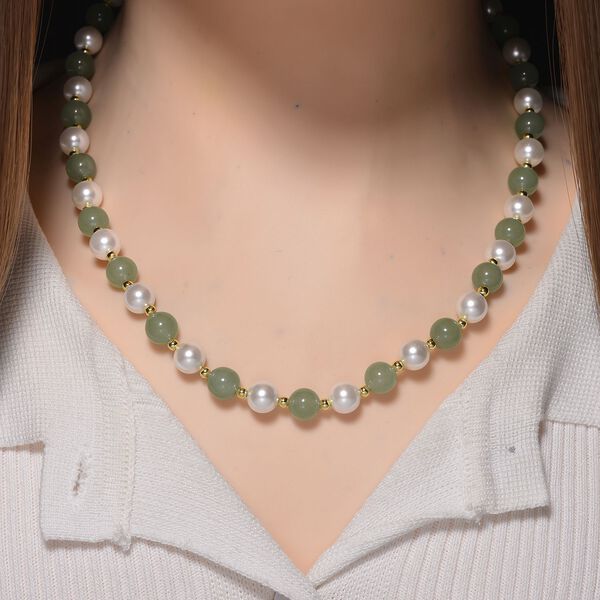 Grüner Aventurin, Weiße Muschelkernperle Halskette ca. 45 cm+ 5 cm Extender, Standard gelb vergoldet image number 2