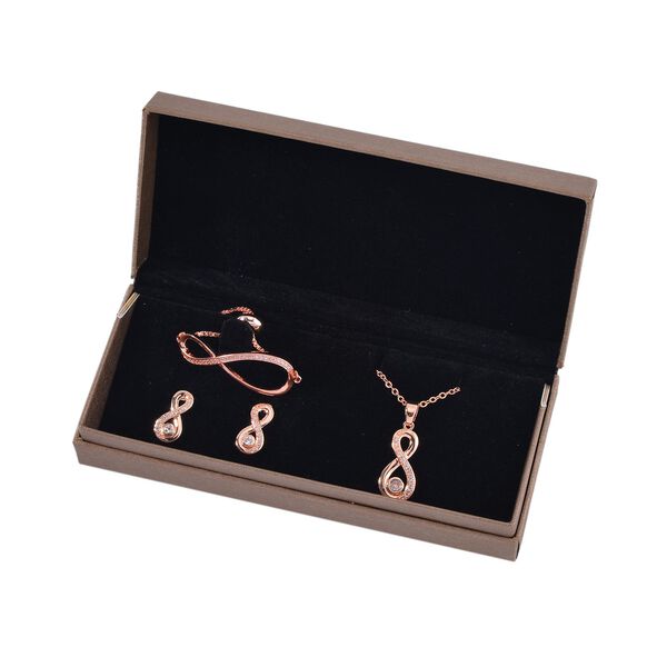 3er Set - Wei&szlig;e Zirkonia Ohrringe, Anh&auml;nger mit Kette, und Armband, Messing, rosefarben image number 10