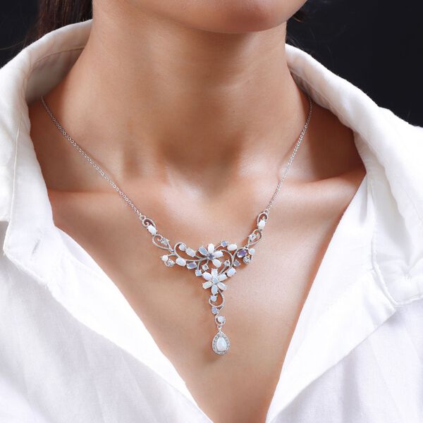 Nat&uuml;rliches, &auml;thiopisches Welo Opal und wei&szlig;es Zirkon-Collier, ca. 45 cm, 925 Silber platiniert ca. 5.91 ct image number 2