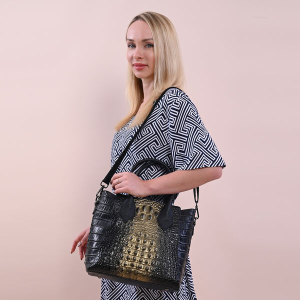 Crossbody Tasche aus 100% echtem Leder mit Kroko-Prägung, Größe 28x14x27 cm, Golden image number 2