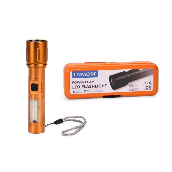 LIVMORE 6 in 1 LED-Taschenlampen aus Metall mit SOS Funktion, wiederaufladbar, 14x3,5 cm, Gold image number 6