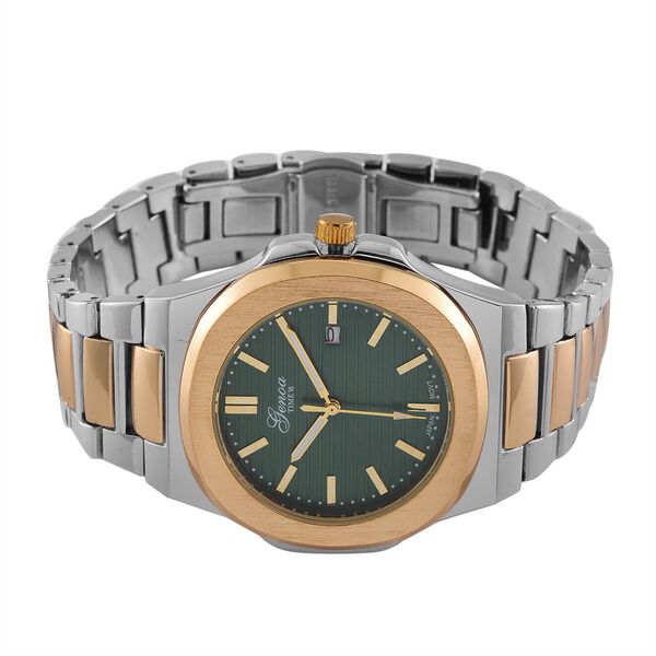 Genoa Time V2 - PC32 Japanisches Uhrwerk, Datumsanzeige, Gehäuse mit PNP-Stahl- und Goldplattierung, grünes Zifferblatt mit hydraulischem Design, Edelstahlarmband, bicolor image number 4