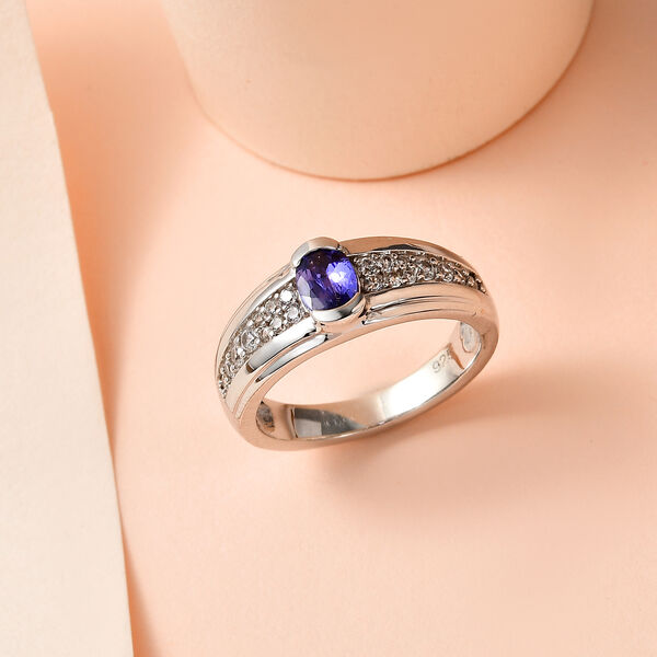 AAA Tansanit, wei&szlig;er Zirkon Ring, 925 Silber platiniert (Gr&ouml;&szlig;e 17.00) ca. 0.90 ct image number 1