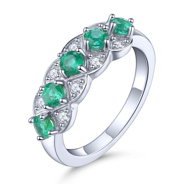 AAA Kagem sambischer Smaragd und Zirkon 5-Stein-Ring, 925 Silber rhodiniert  ca. 1,16 ct