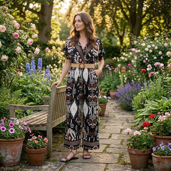 LA MAREY Jumpsuit mit G&uuml;rtel, IKAT Print, 136 cm L&auml;nge, 65 cm Brustweite, Schwarz image number 2