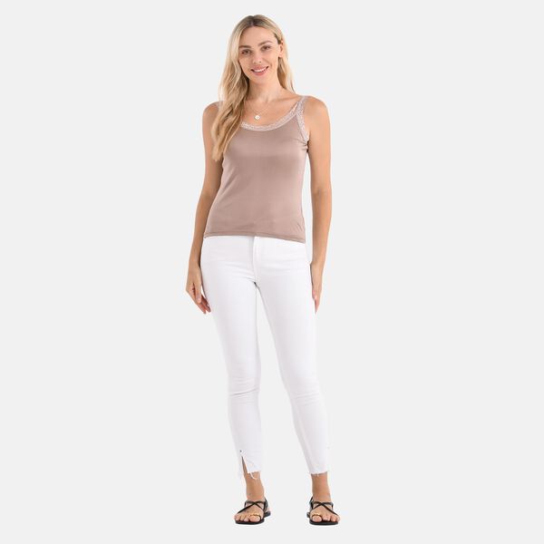 Seidentop mit Spitzenbesatz am Ausschnitt mit Maulbeerenseide, Gr&ouml;&szlig;e XL, 46x59cm, Khaki