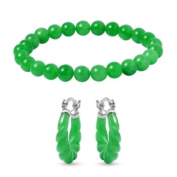 2er Set - Gr&uuml;ne Jade Armband und Ohrringe Schmuckset, 925 Silber rhodiniert ca. 129.00 ct